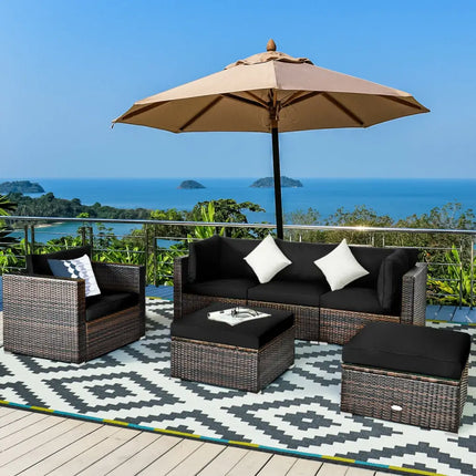 6 Pieces Patio Rattan Furniture Set with Sectional Cushion-Black - Black - Outdoor Sectionals