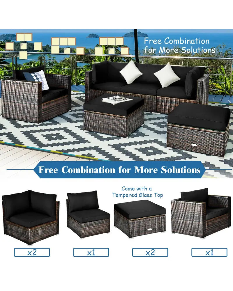 6 Pieces Patio Rattan Furniture Set with Sectional Cushion-Black - Black - Outdoor Sectionals