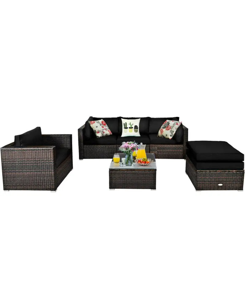 6 Pieces Patio Rattan Furniture Set with Sectional Cushion-Black - Black - Outdoor Sectionals