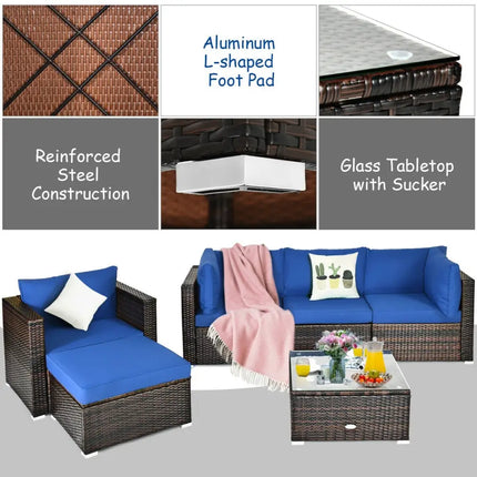 6 Pieces Patio Rattan Furniture Set with Sectional Cushion-Blue - Blue - Outdoor Sectionals
