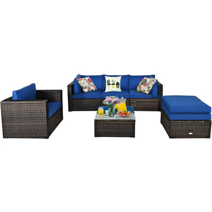 6 Pieces Patio Rattan Furniture Set with Sectional Cushion-Blue - Blue - Outdoor Sectionals