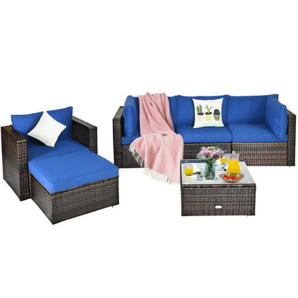 6 Pieces Patio Rattan Furniture Set with Sectional Cushion-Blue - Blue - Outdoor Sectionals