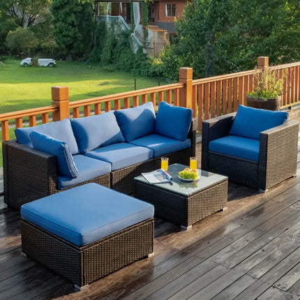 6 Pieces Patio Rattan Furniture Set with Sectional Cushion-Blue - Blue - Outdoor Sectionals
