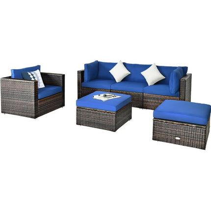 6 Pieces Patio Rattan Furniture Set with Sectional Cushion-Blue - Blue - Outdoor Sectionals