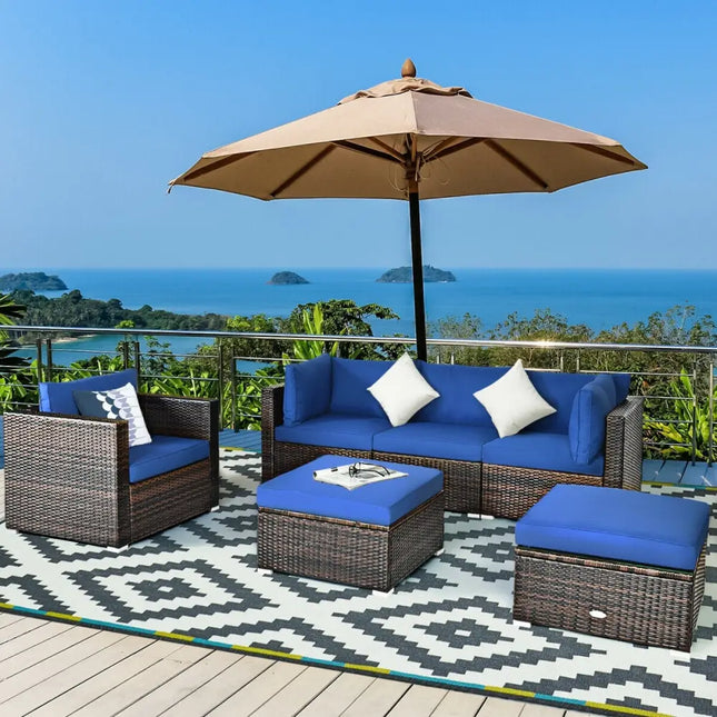 6 Pieces Patio Rattan Furniture Set with Sectional Cushion-Blue - Blue - Outdoor Sectionals
