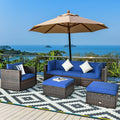 6 Pieces Patio Rattan Furniture Set with Sectional Cushion-Blue - Blue - Outdoor Sectionals