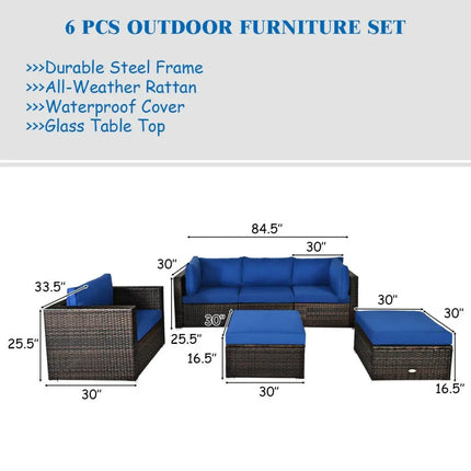 6 Pieces Patio Rattan Furniture Set with Sectional Cushion-Blue - Blue - Outdoor Sectionals