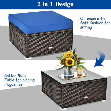 6 Pieces Patio Rattan Furniture Set with Sectional Cushion-Blue - Blue - Outdoor Sectionals