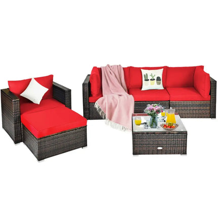 6 Pieces Patio Rattan Furniture Set with Sectional Cushion-Red - Red - Outdoor Sectionals