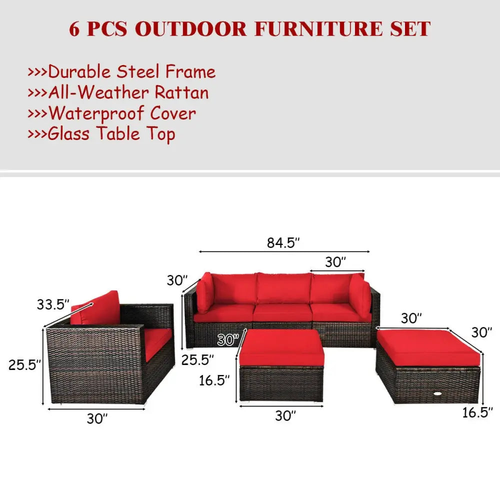6 Pieces Patio Rattan Furniture Set with Sectional Cushion-Red - Red - Outdoor Sectionals