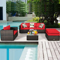 6 Pieces Patio Rattan Furniture Set with Sectional Cushion-Red - Red - Outdoor Sectionals