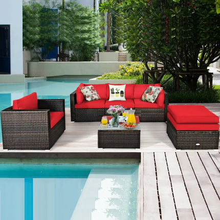 6 Pieces Patio Rattan Furniture Set with Sectional Cushion-Red - Red - Outdoor Sectionals
