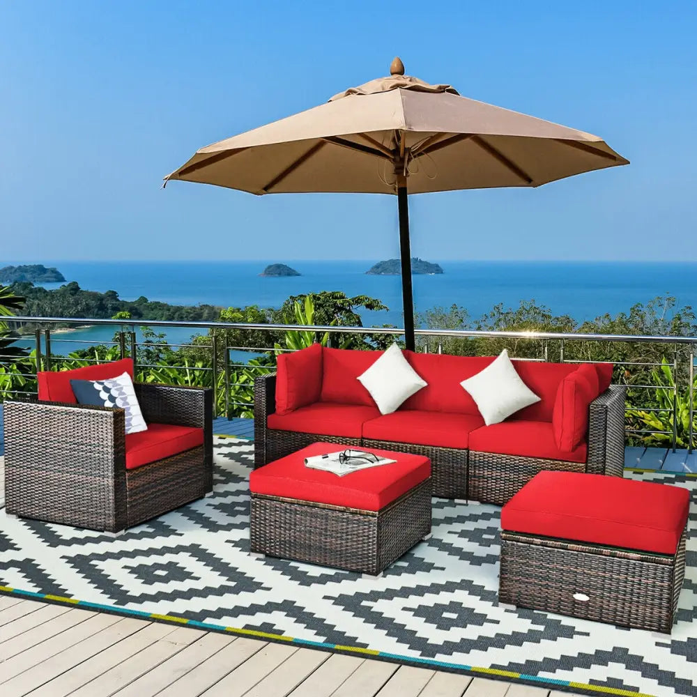 6 Pieces Patio Rattan Furniture Set with Sectional Cushion-Red - Red - Outdoor Sectionals
