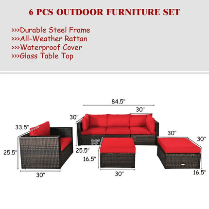 6 Pieces Patio Rattan Furniture Set with Sectional Cushion-Red - Red - Outdoor Sectionals