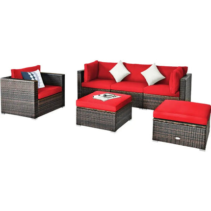 6 Pieces Patio Rattan Furniture Set with Sectional Cushion-Red - Red - Outdoor Sectionals