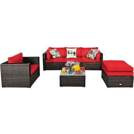 6 Pieces Patio Rattan Furniture Set with Sectional Cushion-Red - Red - Outdoor Sectionals