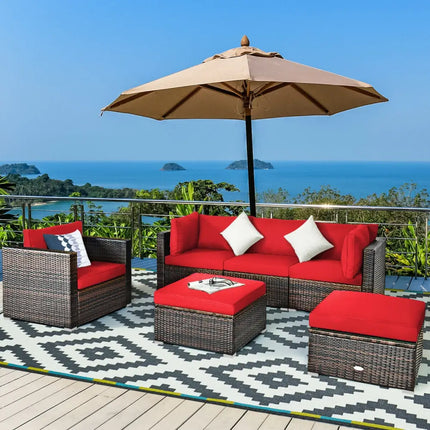 6 Pieces Patio Rattan Furniture Set with Sectional Cushion-Red - Red - Outdoor Sectionals