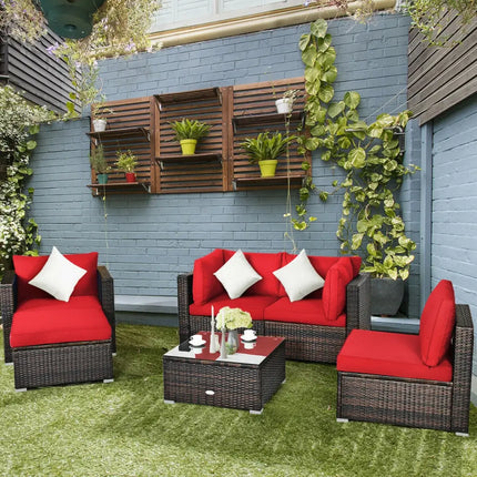 6 Pieces Patio Rattan Furniture Set with Sectional Cushion-Red - Red - Outdoor Sectionals