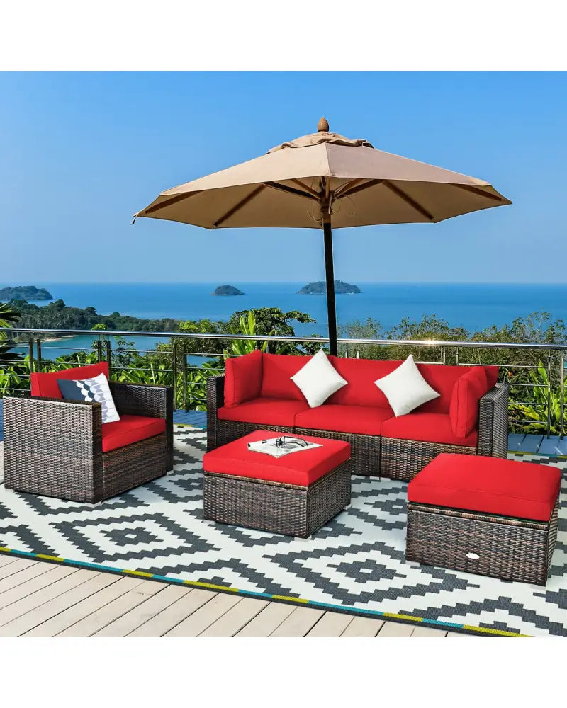 6 Pieces Patio Rattan Furniture Set with Sectional Cushion-Red - Red - Outdoor Sectionals