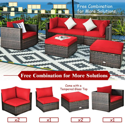 6 Pieces Patio Rattan Furniture Set with Sectional Cushion-Red - Red - Outdoor Sectionals