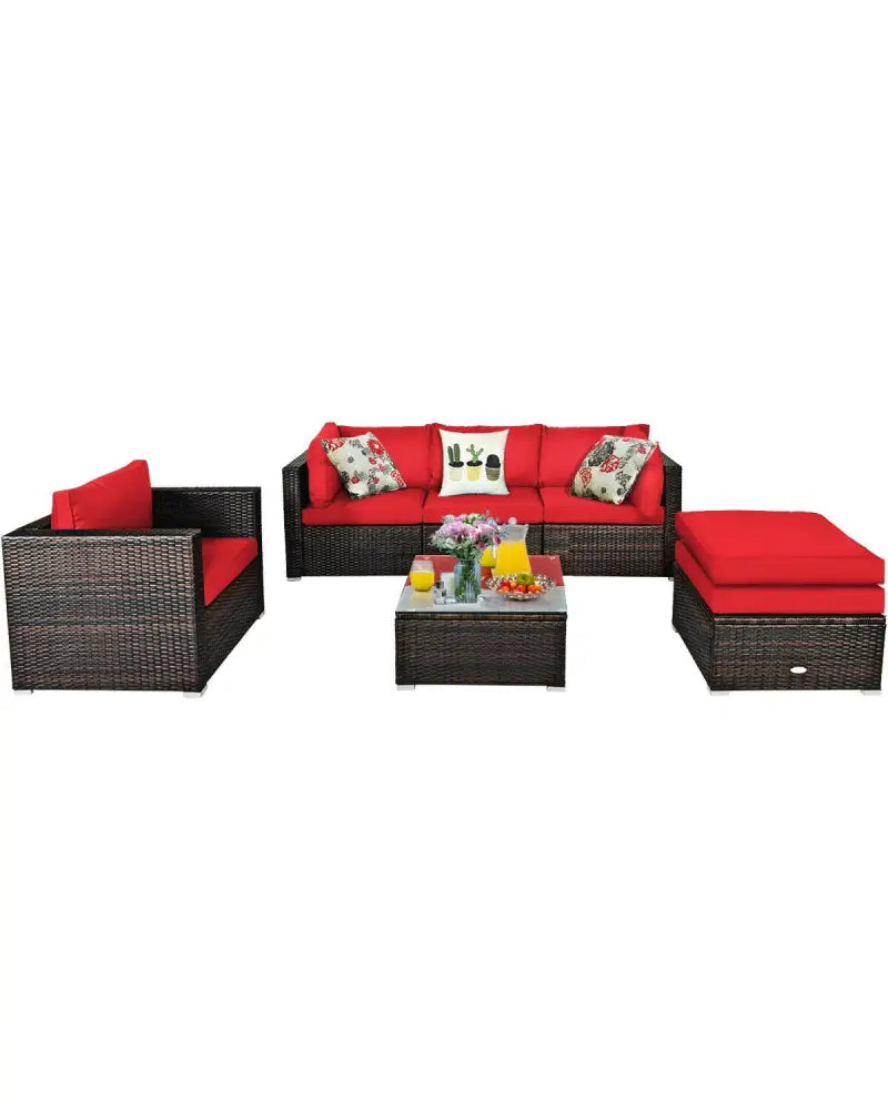 6 Pieces Patio Rattan Furniture Set with Sectional Cushion-Red - Red - Outdoor Sectionals