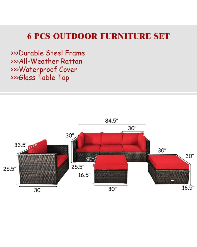 6 Pieces Patio Rattan Furniture Set with Sectional Cushion-Red - Red - Outdoor Sectionals
