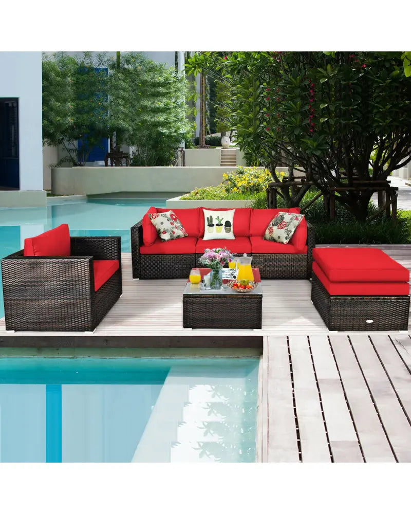6 Pieces Patio Rattan Furniture Set with Sectional Cushion-Red - Red - Outdoor Sectionals