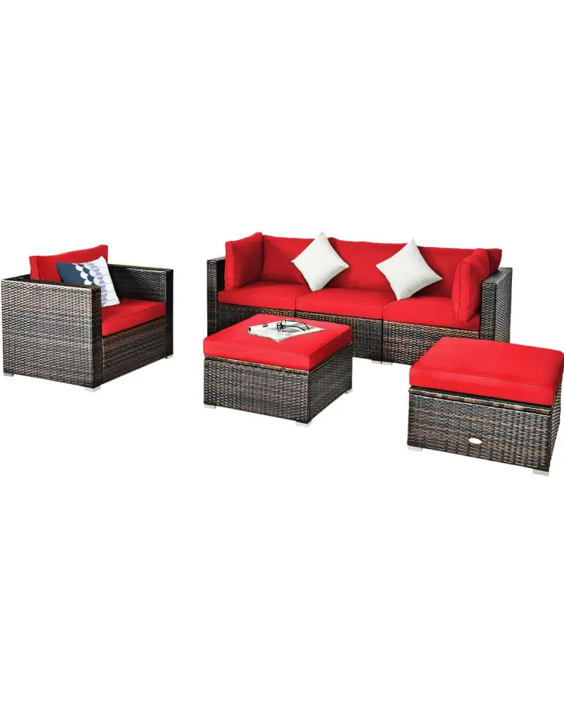 6 Pieces Patio Rattan Furniture Set with Sectional Cushion-Red - Red - Outdoor Sectionals