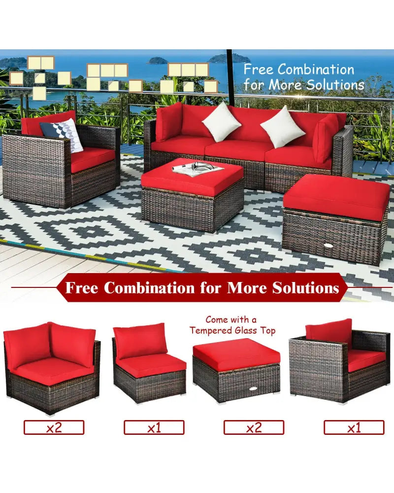 6 Pieces Patio Rattan Furniture Set with Sectional Cushion-Red - Red - Outdoor Sectionals