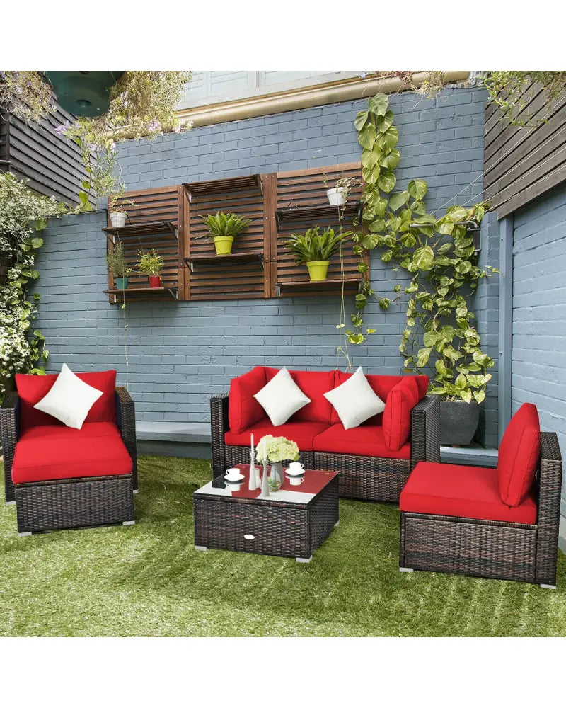 6 Pieces Patio Rattan Furniture Set with Sectional Cushion-Red - Red - Outdoor Sectionals