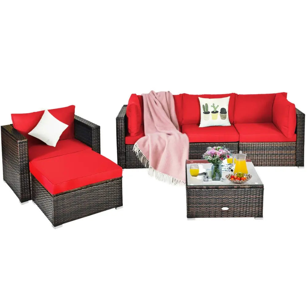6 Pieces Patio Rattan Furniture Set with Sectional Cushion-Red - Red - Outdoor Sectionals