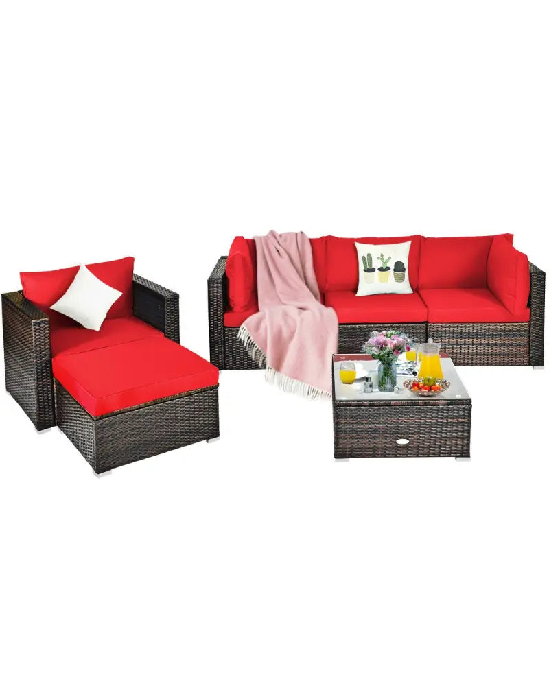 6 Pieces Patio Rattan Furniture Set with Sectional Cushion-Red - Red - Outdoor Sectionals