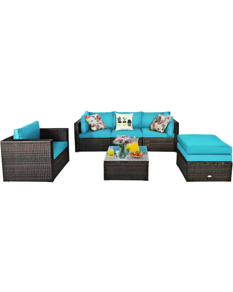 6 Pieces Patio Rattan Furniture Set with Sectional Cushion-Turquoise - Turquoise - Outdoor Sectionals
