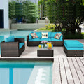 6 Pieces Patio Rattan Furniture Set with Sectional Cushion-Turquoise - Turquoise - Outdoor Sectionals
