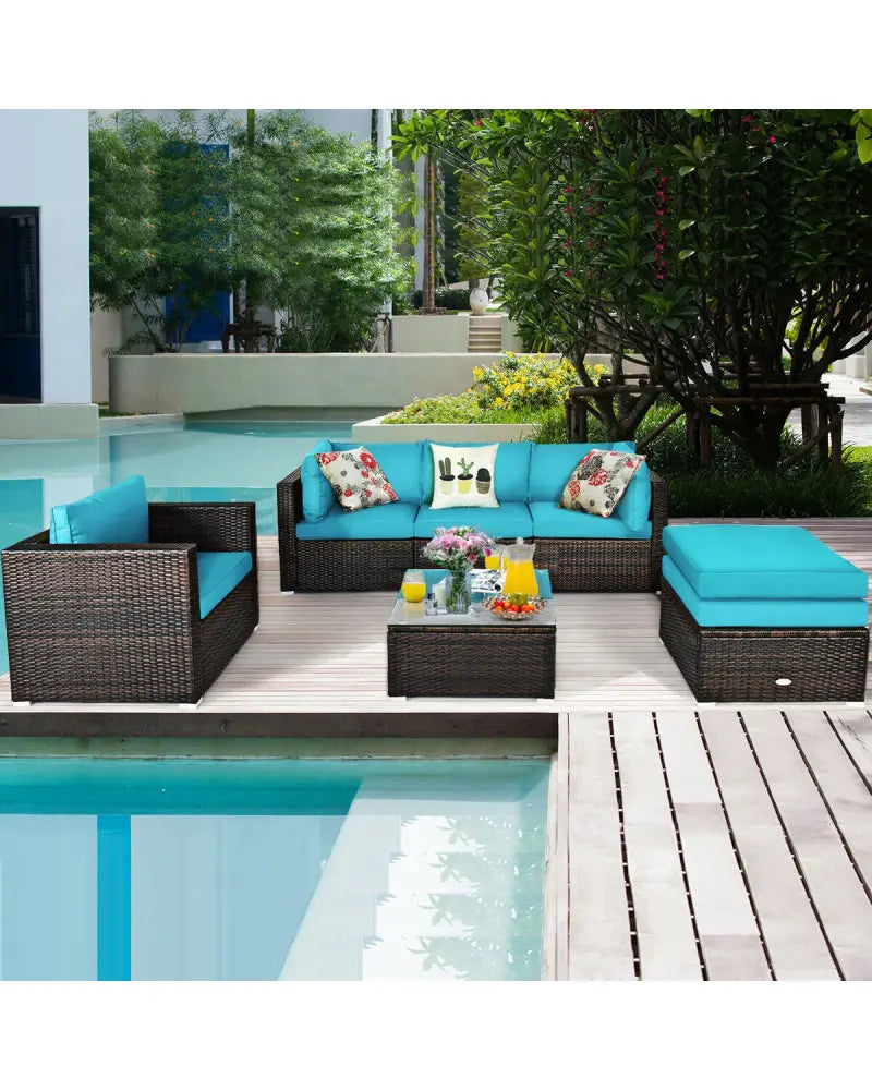 6 Pieces Patio Rattan Furniture Set with Sectional Cushion-Turquoise - Turquoise - Outdoor Sectionals