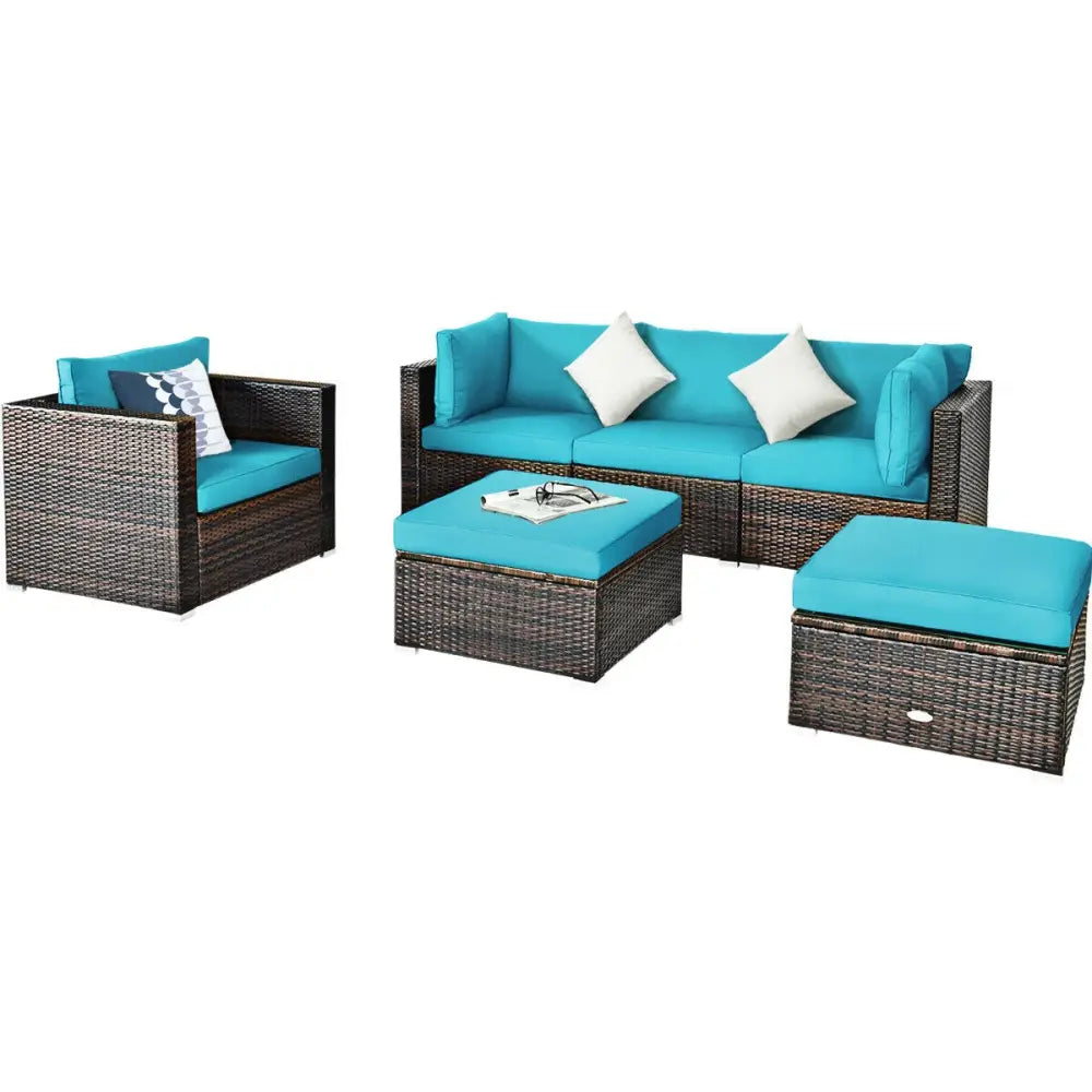 6 Pieces Patio Rattan Furniture Set with Sectional Cushion-Turquoise - Turquoise - Outdoor Sectionals
