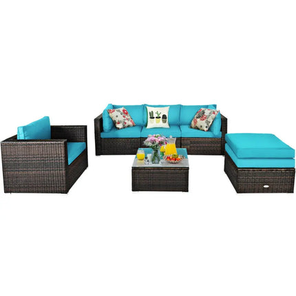 6 Pieces Patio Rattan Furniture Set with Sectional Cushion-Turquoise - Turquoise - Outdoor Sectionals