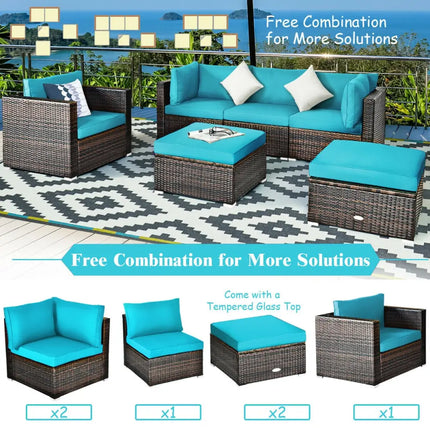 6 Pieces Patio Rattan Furniture Set with Sectional Cushion-Turquoise - Turquoise - Outdoor Sectionals