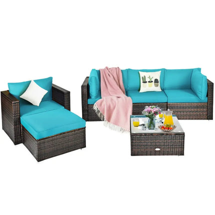 6 Pieces Patio Rattan Furniture Set with Sectional Cushion-Turquoise - Turquoise - Outdoor Sectionals