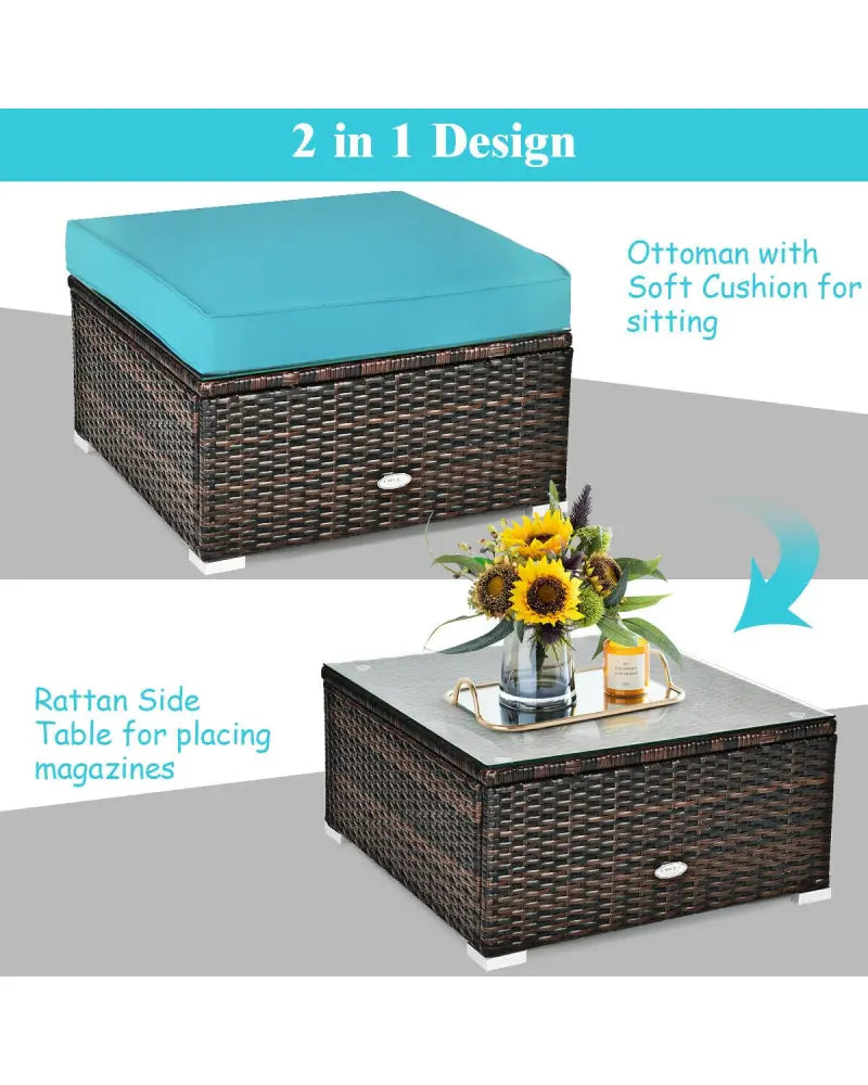 6 Pieces Patio Rattan Furniture Set with Sectional Cushion-Turquoise - Turquoise - Outdoor Sectionals