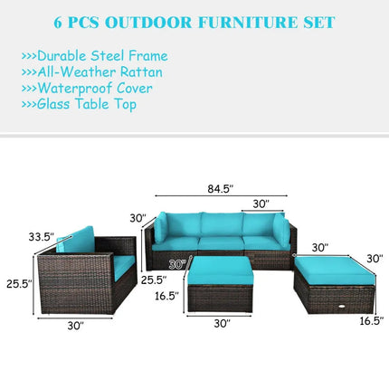 6 Pieces Patio Rattan Furniture Set with Sectional Cushion-Turquoise - Turquoise - Outdoor Sectionals