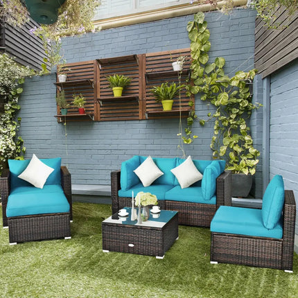 6 Pieces Patio Rattan Furniture Set with Sectional Cushion-Turquoise - Turquoise - Outdoor Sectionals