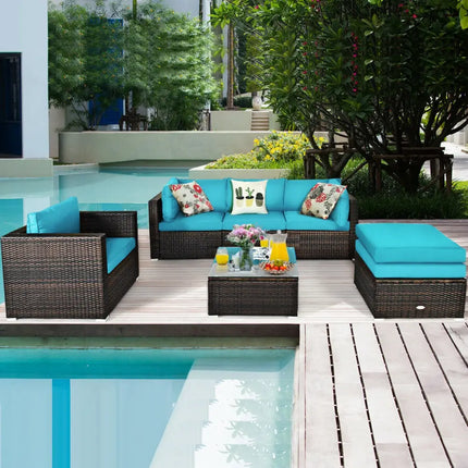 6 Pieces Patio Rattan Furniture Set with Sectional Cushion-Turquoise - Turquoise - Outdoor Sectionals