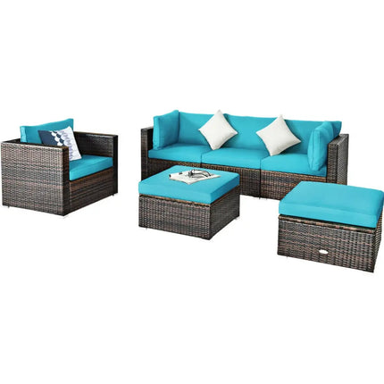 6 Pieces Patio Rattan Furniture Set with Sectional Cushion-Turquoise - Turquoise - Outdoor Sectionals