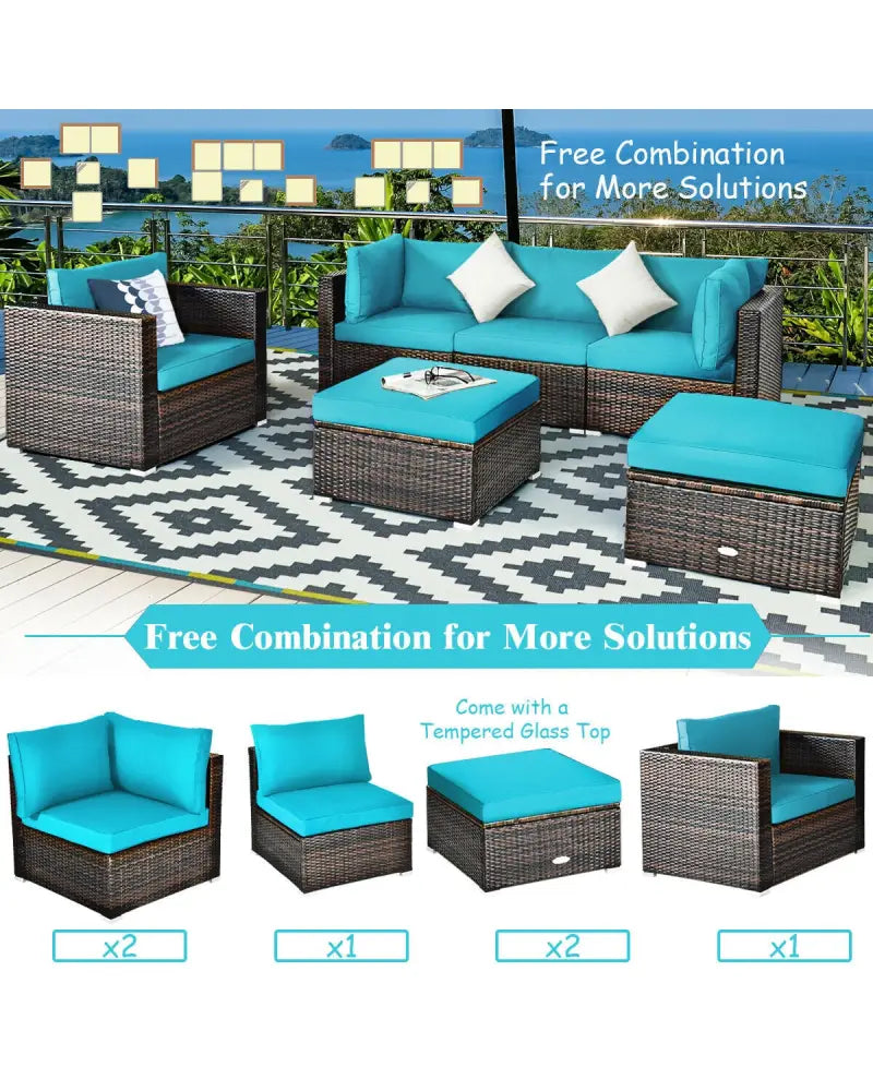 6 Pieces Patio Rattan Furniture Set with Sectional Cushion-Turquoise - Turquoise - Outdoor Sectionals