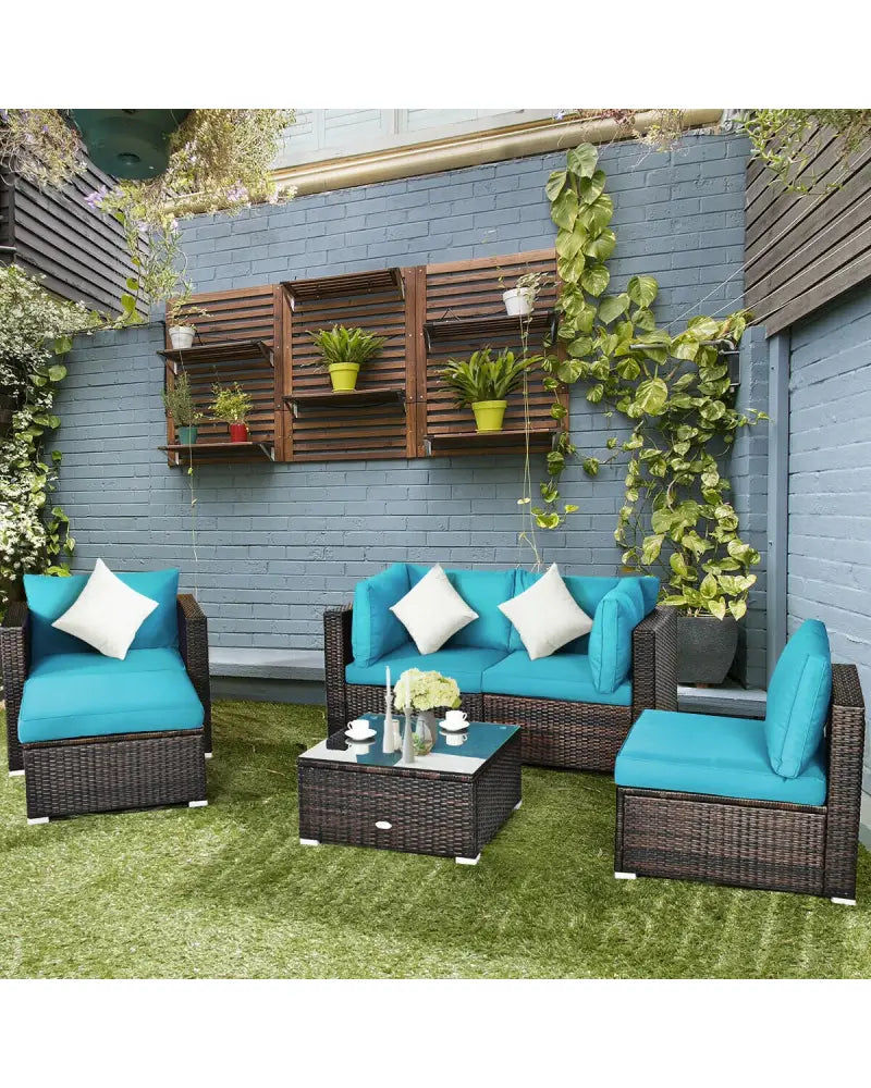 6 Pieces Patio Rattan Furniture Set with Sectional Cushion-Turquoise - Turquoise - Outdoor Sectionals