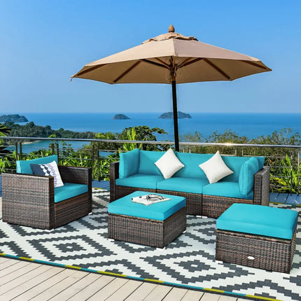 6 Pieces Patio Rattan Furniture Set with Sectional Cushion-Turquoise - Turquoise - Outdoor Sectionals