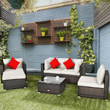 6 Pieces Patio Rattan Furniture Set with Sectional Cushion-White - White - Outdoor Sectionals