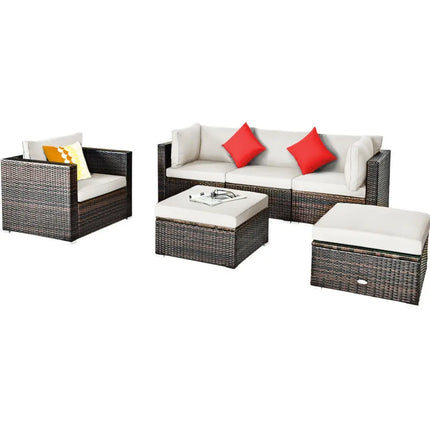 6 Pieces Patio Rattan Furniture Set with Sectional Cushion-White - White - Outdoor Sectionals