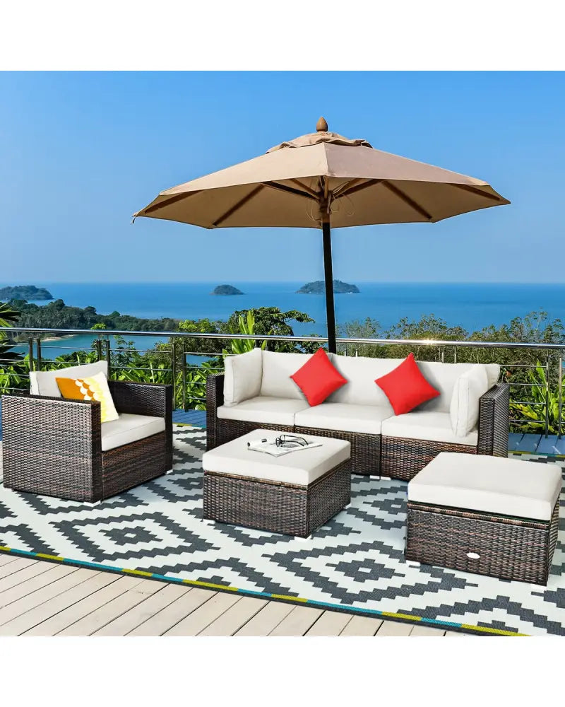 6 Pieces Patio Rattan Furniture Set with Sectional Cushion-White - White - Outdoor Sectionals